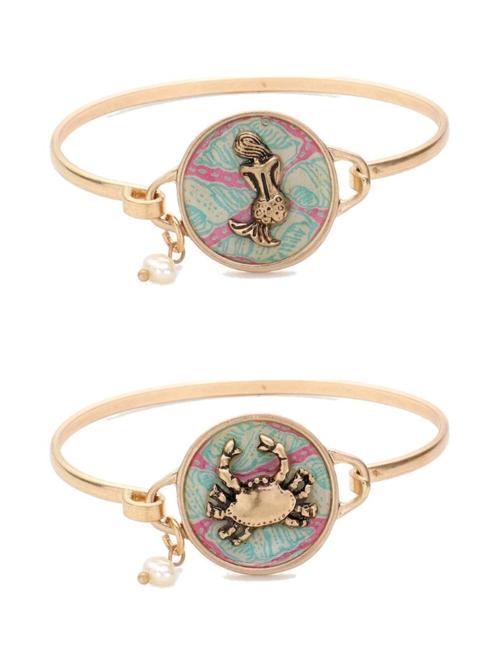 2 Rose Gold Beach Charm Bangle Bracelets - Mermaid + Crab Pearl Stack Set